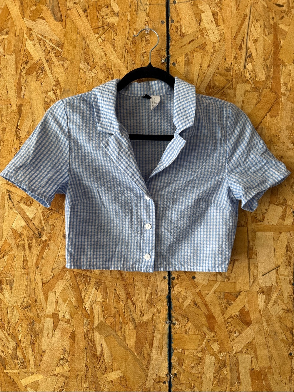 H&M Blue Gingham Short-Sleeve Cropped Button-Down Top
